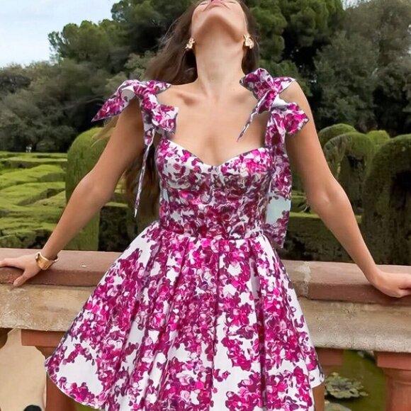 Multicolor Euro Elegant Womens Floral Print Low Cut Halter Mini Dress - Picture 7 of 11